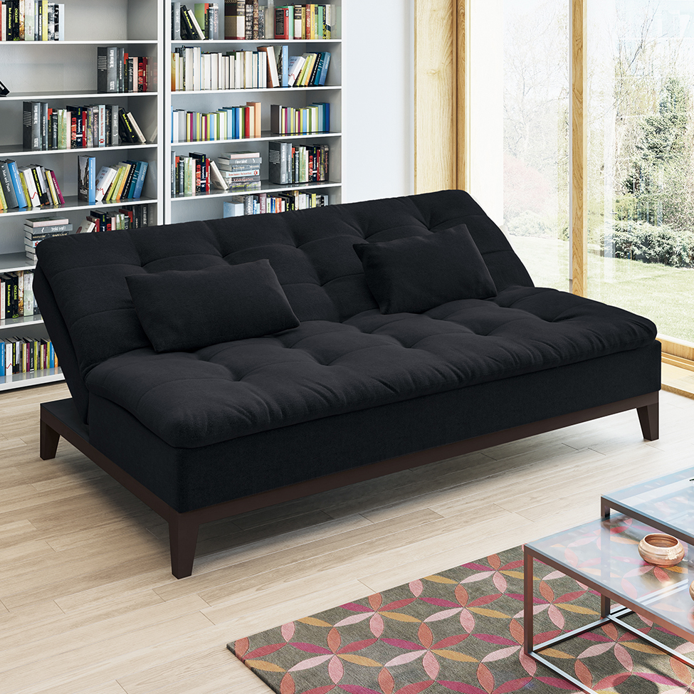 Sofá-Cama Casal 3 Lugares Premium Suede Pés de Madeira Preto