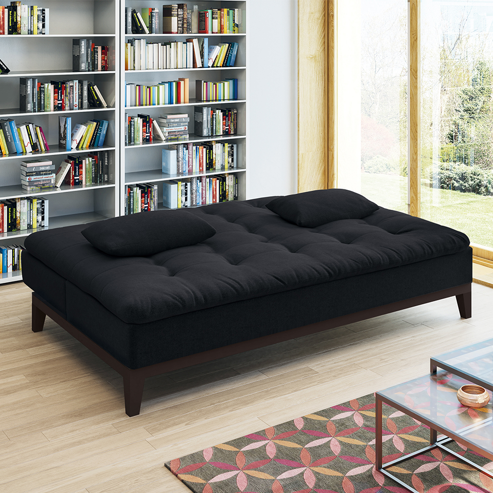 Sofá-Cama Casal 3 Lugares Premium Suede Pés de Madeira Preto
