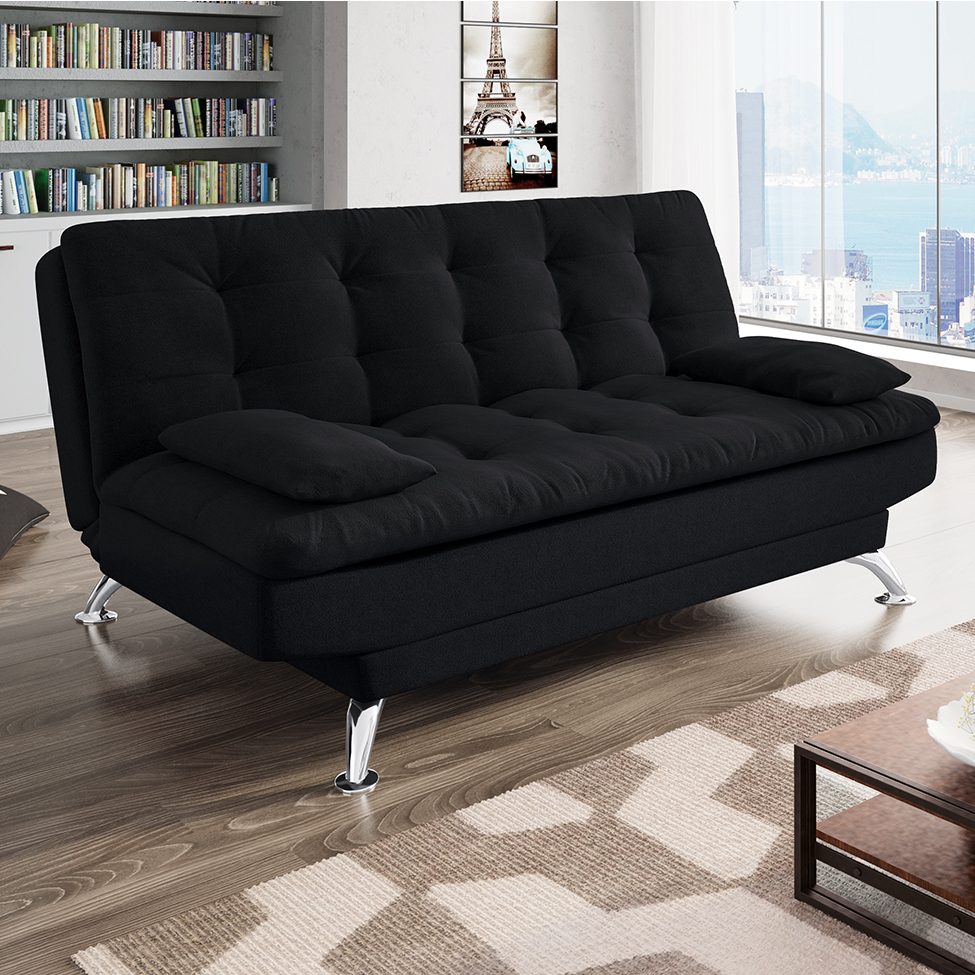 Sofá-Cama Casal 3 Lugares Premium Suede Pés de Metal Preto