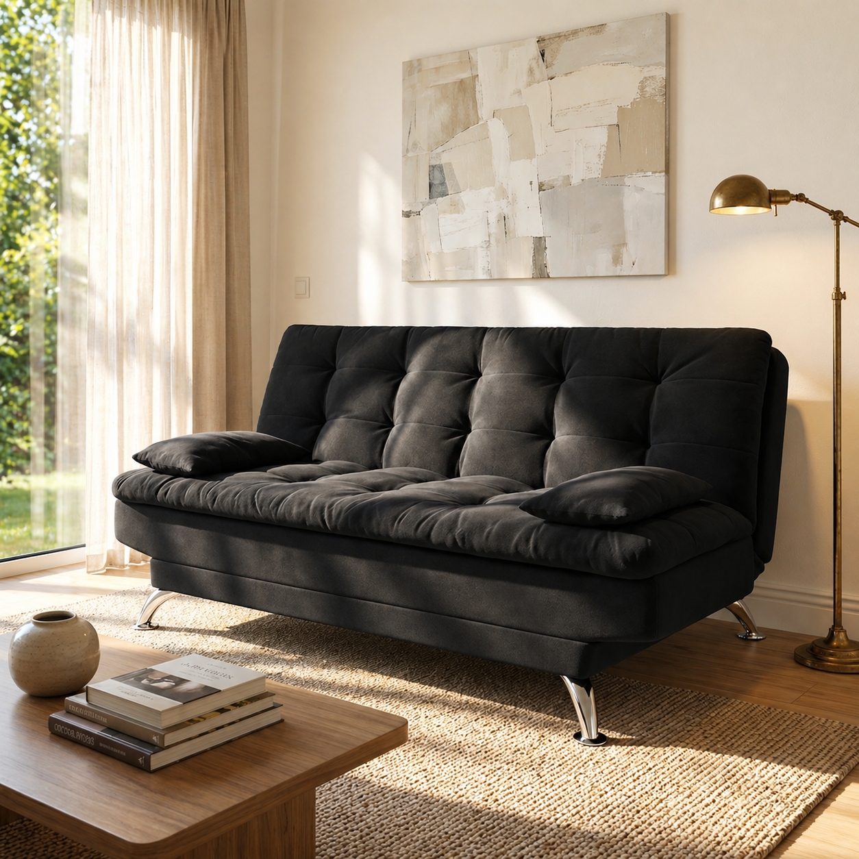 Sofá-Cama Casal 3 Lugares Premium Suede Pés de Metal Preto
