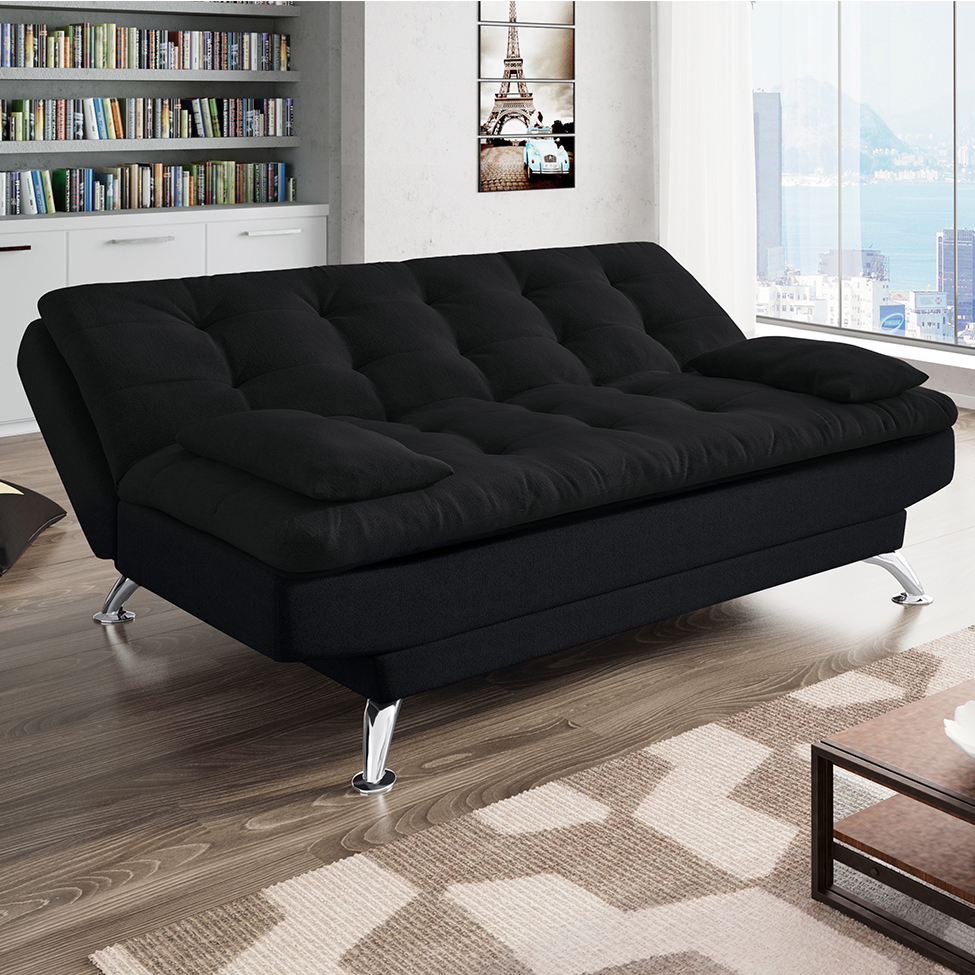 Sofá-Cama Casal 3 Lugares Premium Suede Pés de Metal Preto