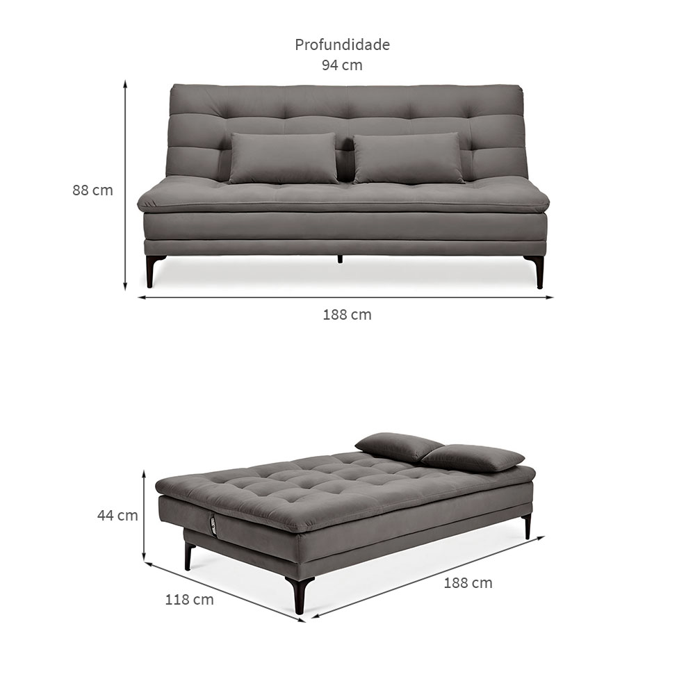 Sofá-Cama Casal 3 Lugares Prince Suede Cinza