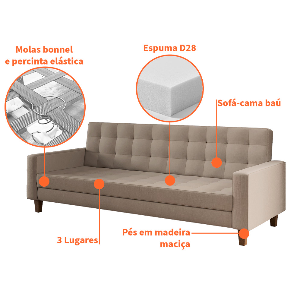 Sofá-Cama Casal 3 Lugares Samper com Baú Linho Bege