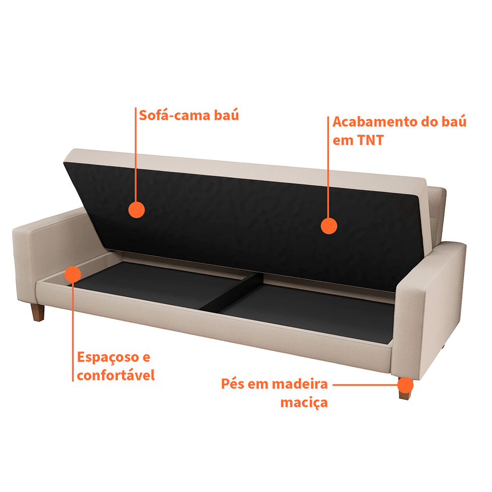 Sofá-Cama Casal 3 Lugares Samper com Baú Linho Bege