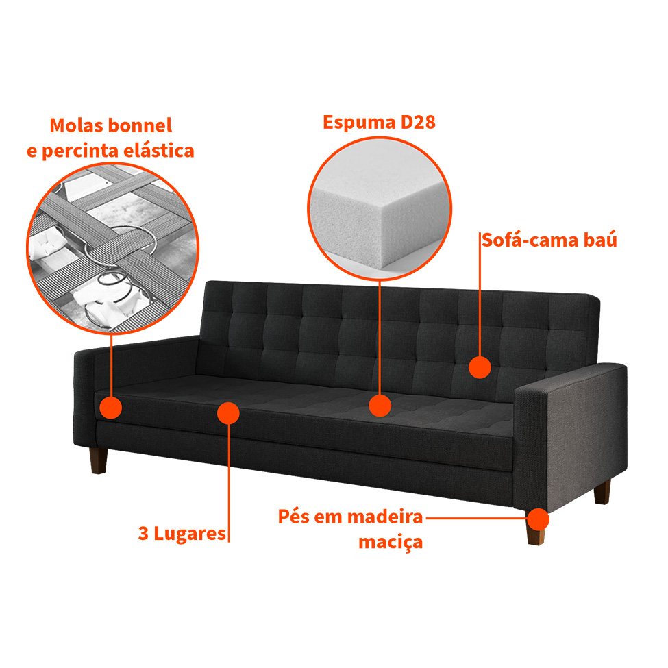 Sofá-Cama Casal 3 Lugares Samper com Baú Linho Grafite