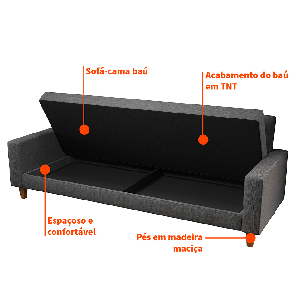 Sofá-Cama Casal 3 Lugares Samper com Baú Linho Grafite