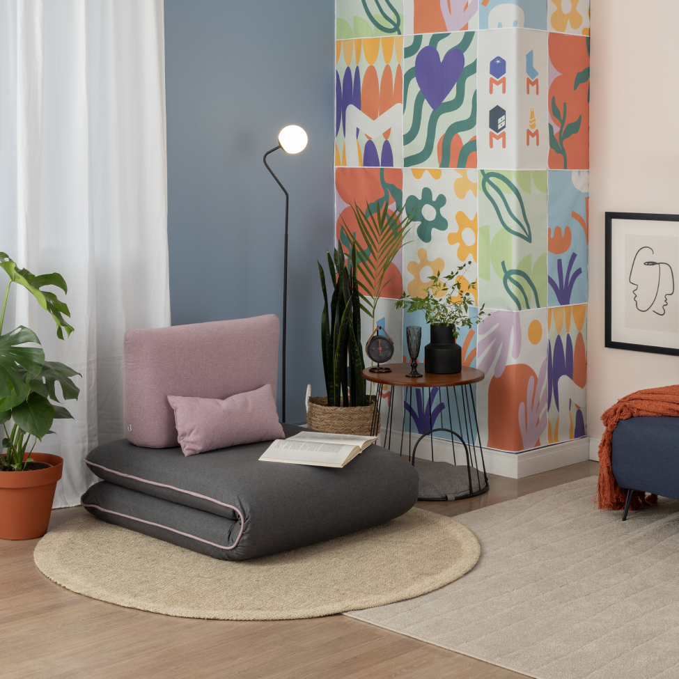 Sofá-Cama Solteiro Vernazza Cinza e Rosa