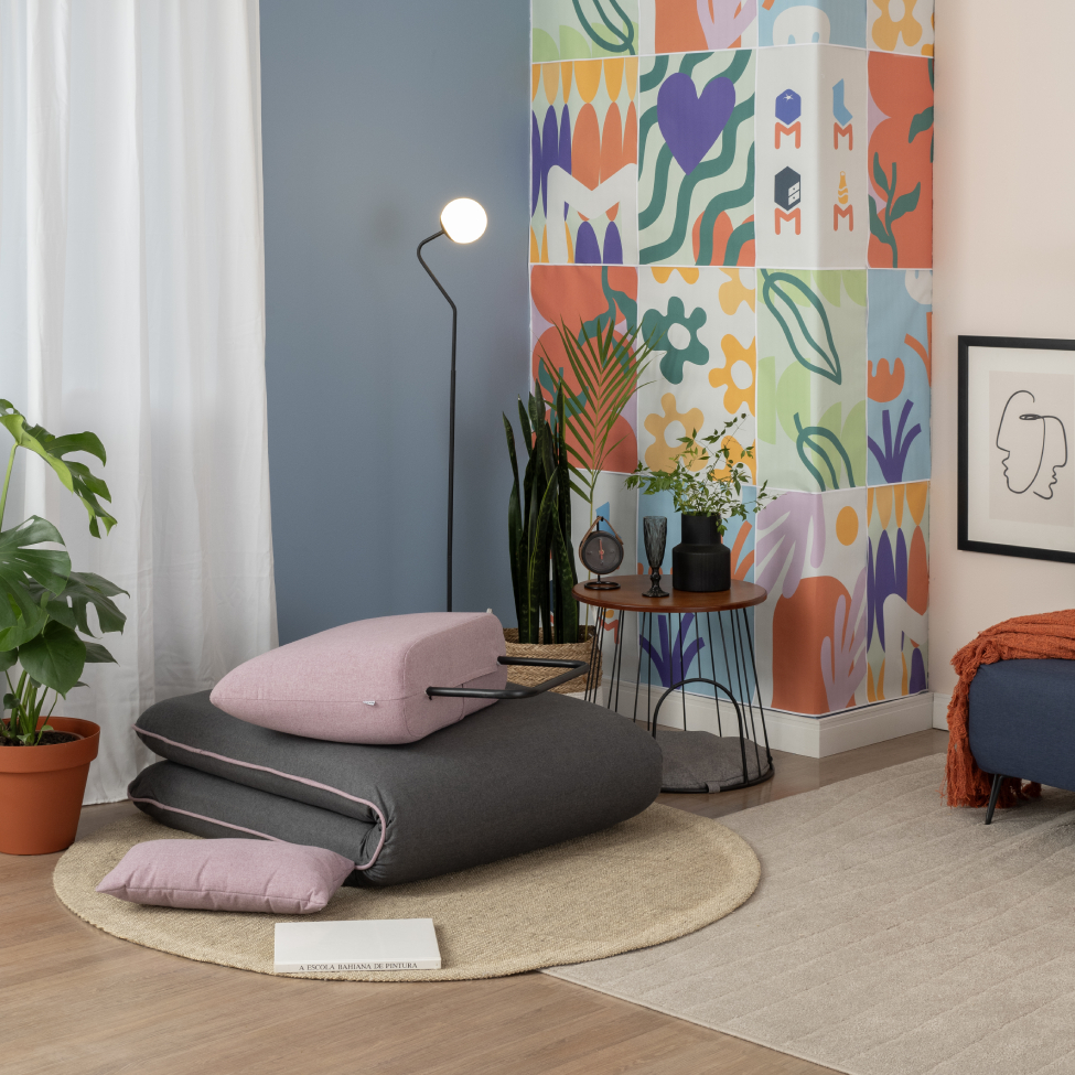 Sofá-Cama Solteiro Vernazza Cinza e Rosa