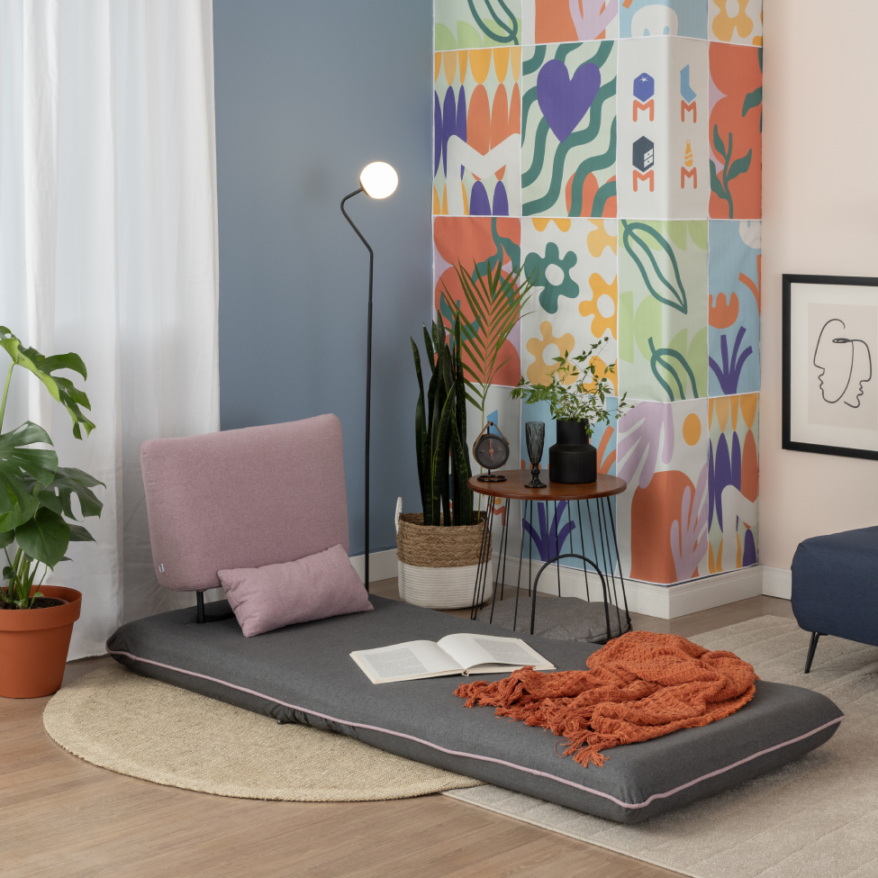 Sofá-Cama Solteiro Vernazza Cinza e Rosa