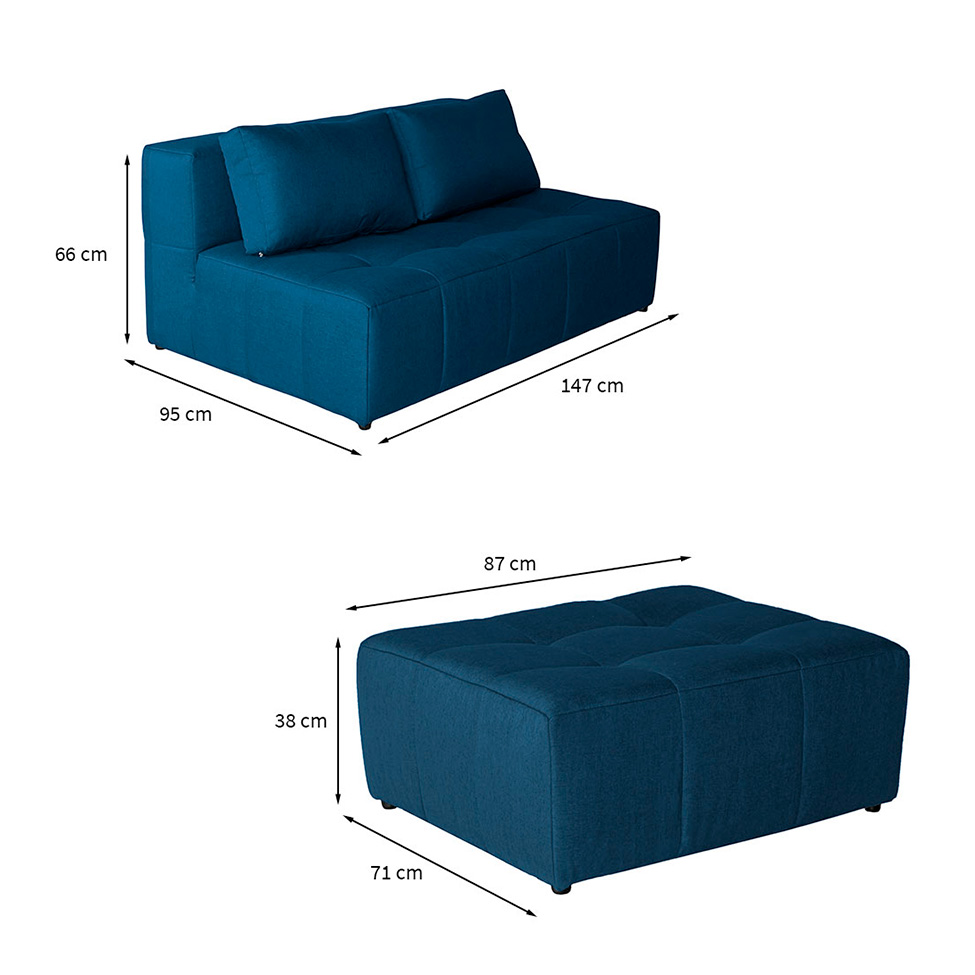 Sofá Modular 2 Lugares com Puff Soho Linho Azul Marinho