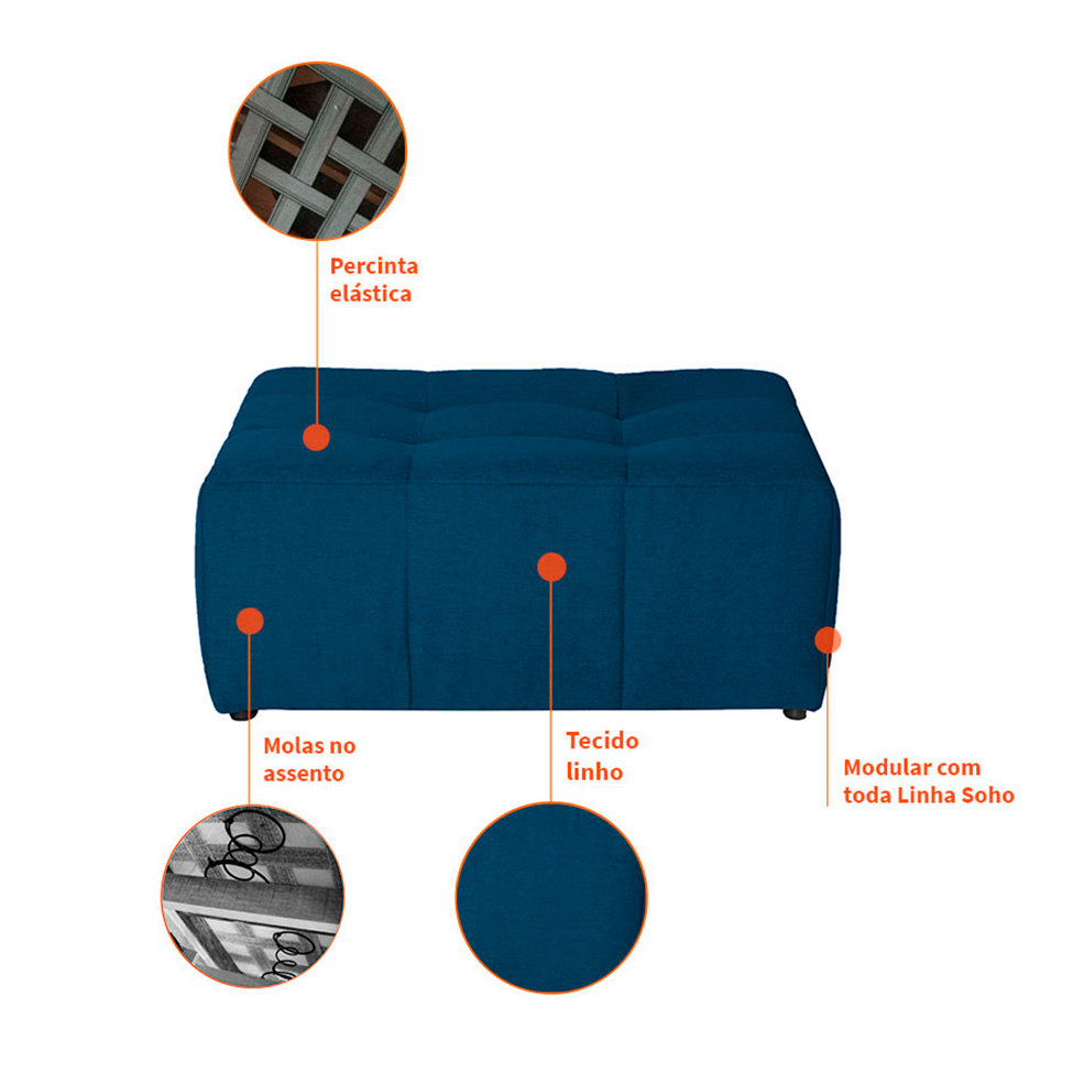 Sofá Modular 2 Lugares com Puff Soho Linho Azul Marinho