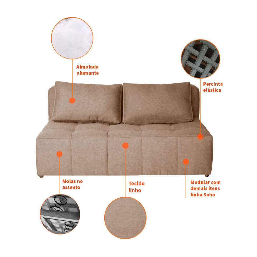 Sofá Modular 2 Lugares com Puff Soho Linho Bege