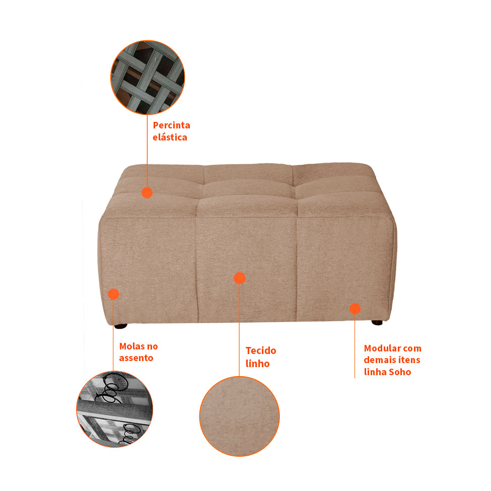 Sofá Modular 2 Lugares com Puff Soho Linho Bege