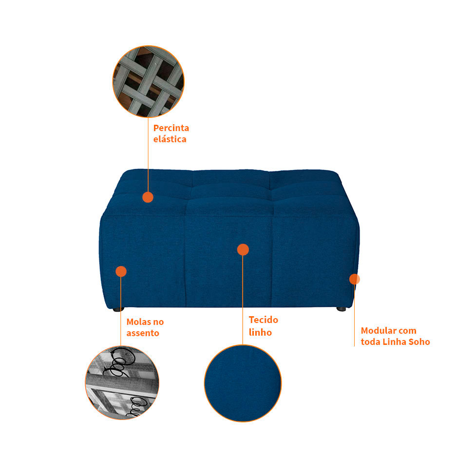 Sofá Modular 2 e 3 Lugares com Puff Soho Linho Azul Marinho
