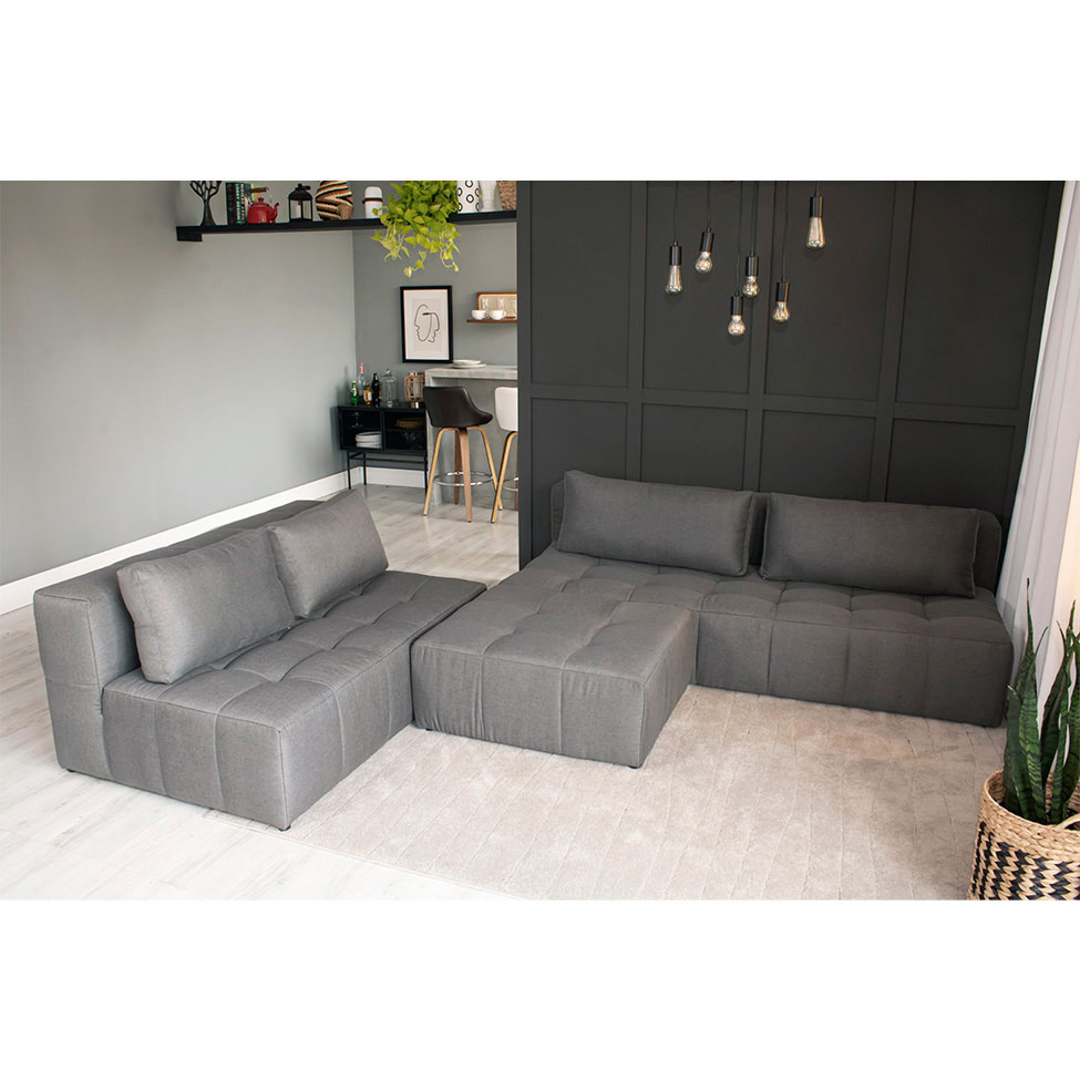 Sofá Modular 2 e 3 Lugares com Puff Soho Linho Cinza