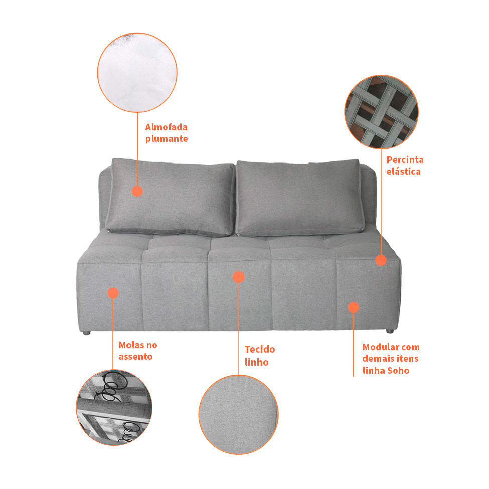 Sofá Modular 2 e 3 Lugares com Puff Soho Linho Cinza