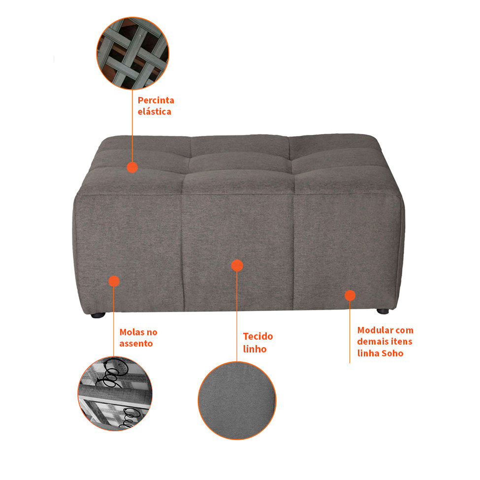 Sofá Modular 2 e 3 Lugares com Puff Soho Linho Grafite