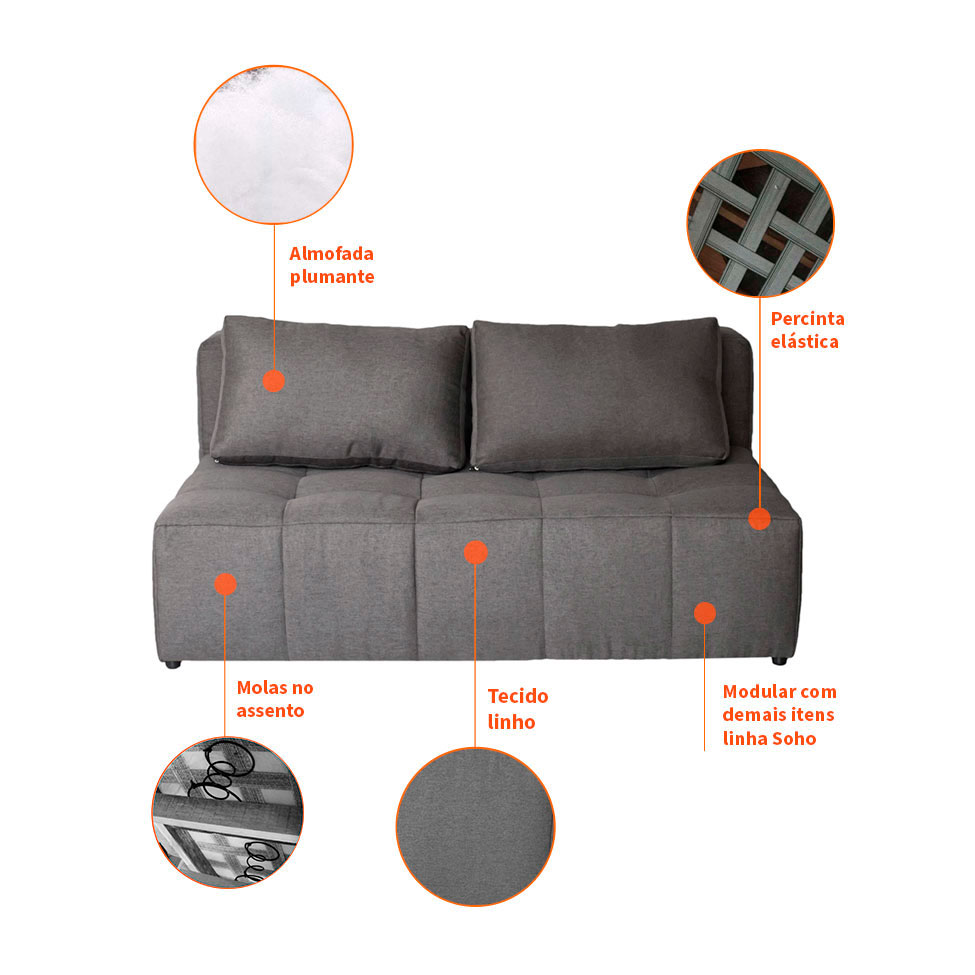 Sofá Modular 2 e 3 Lugares com Puff Soho Linho Grafite