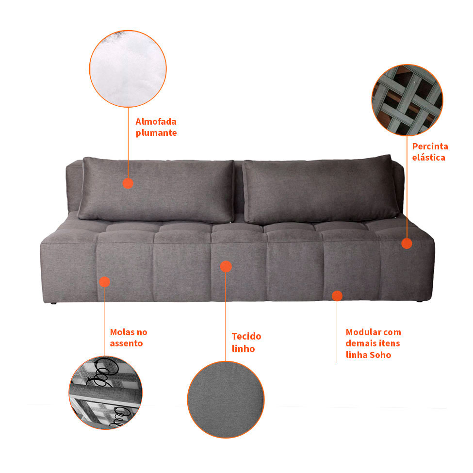 Sofá Modular 2 e 3 Lugares com Puff Soho Linho Grafite