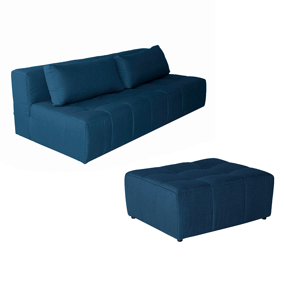 Sofá Modular 3 Lugares com Puff Soho Linho Azul Marinho