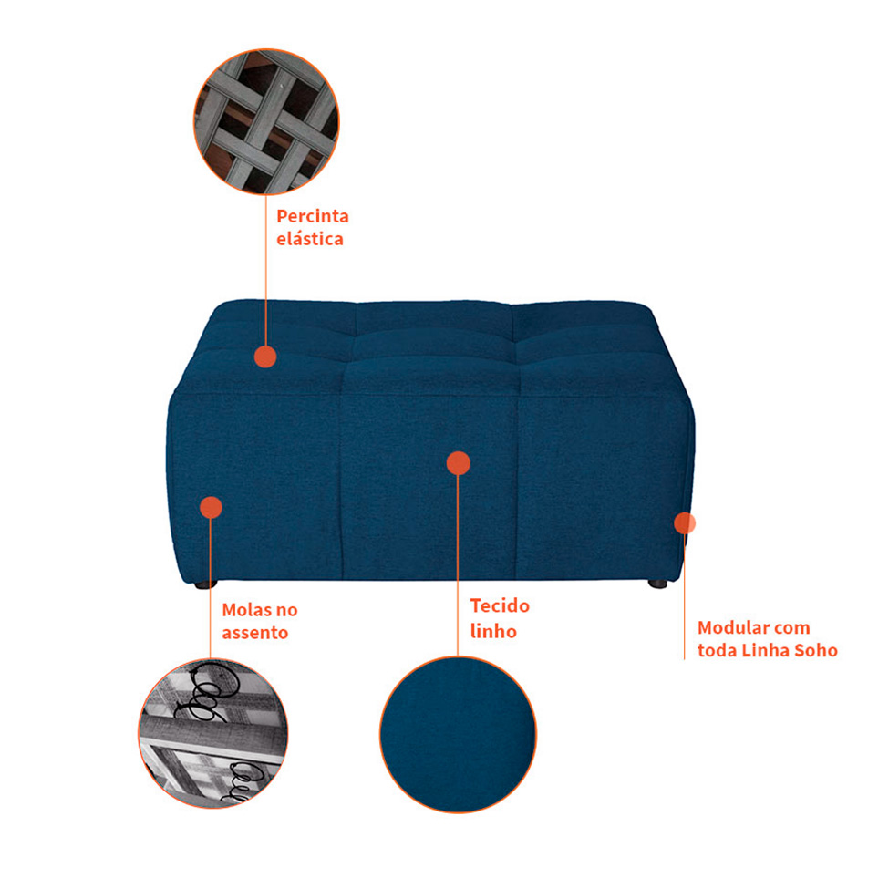 Sofá Modular 3 Lugares com Puff Soho Linho Azul Marinho