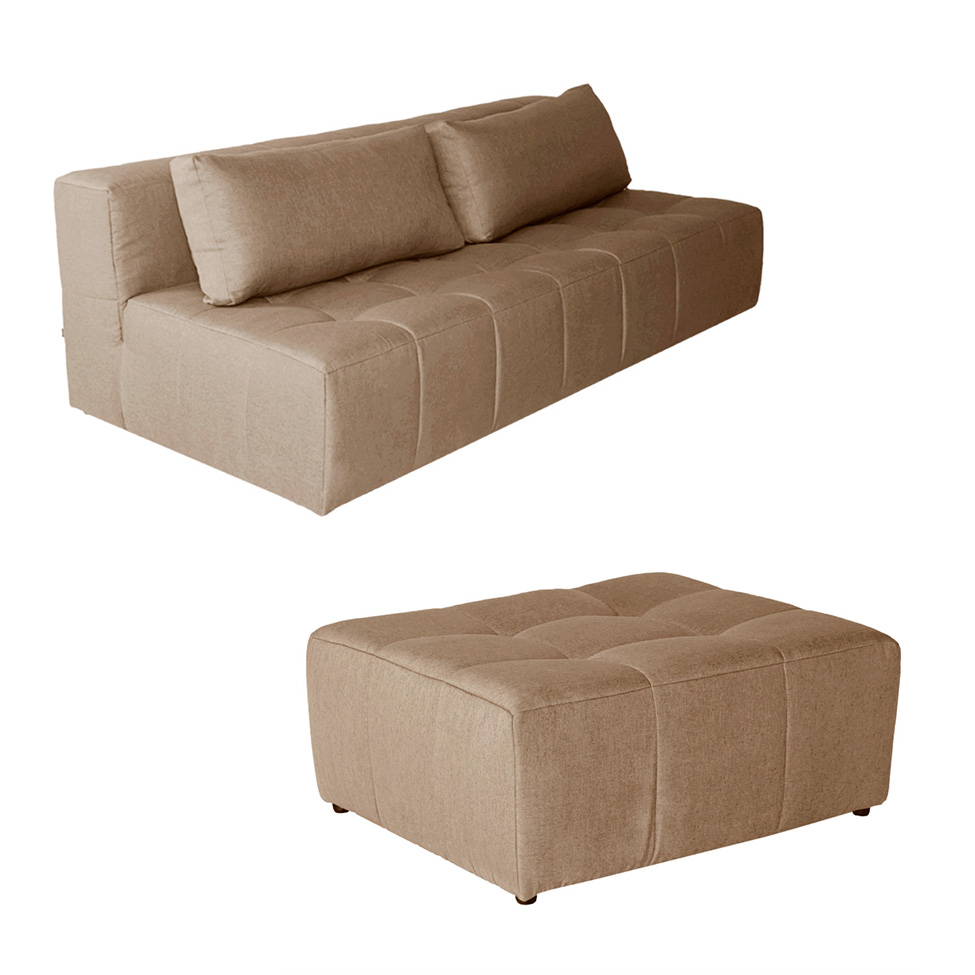 Sofá Modular 3 Lugares com Puff Soho Linho Bege