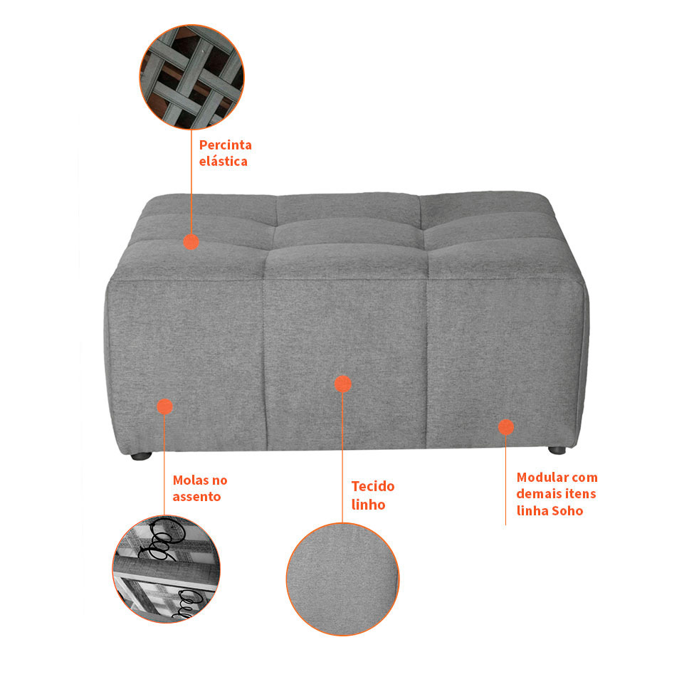 Sofá Modular 3 Lugares com Puff Soho Linho Cinza