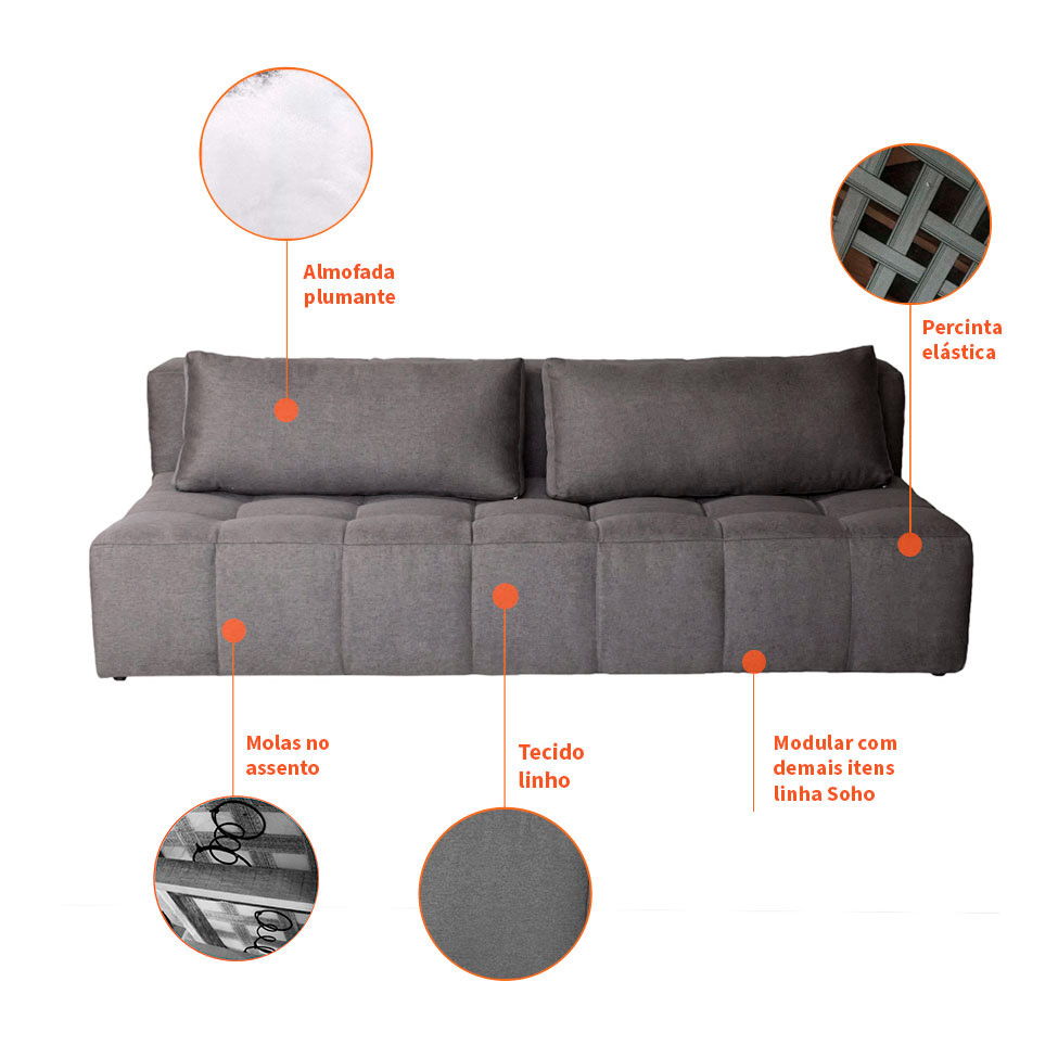 Sofá Modular 3 Lugares com Puff Soho Linho Grafite
