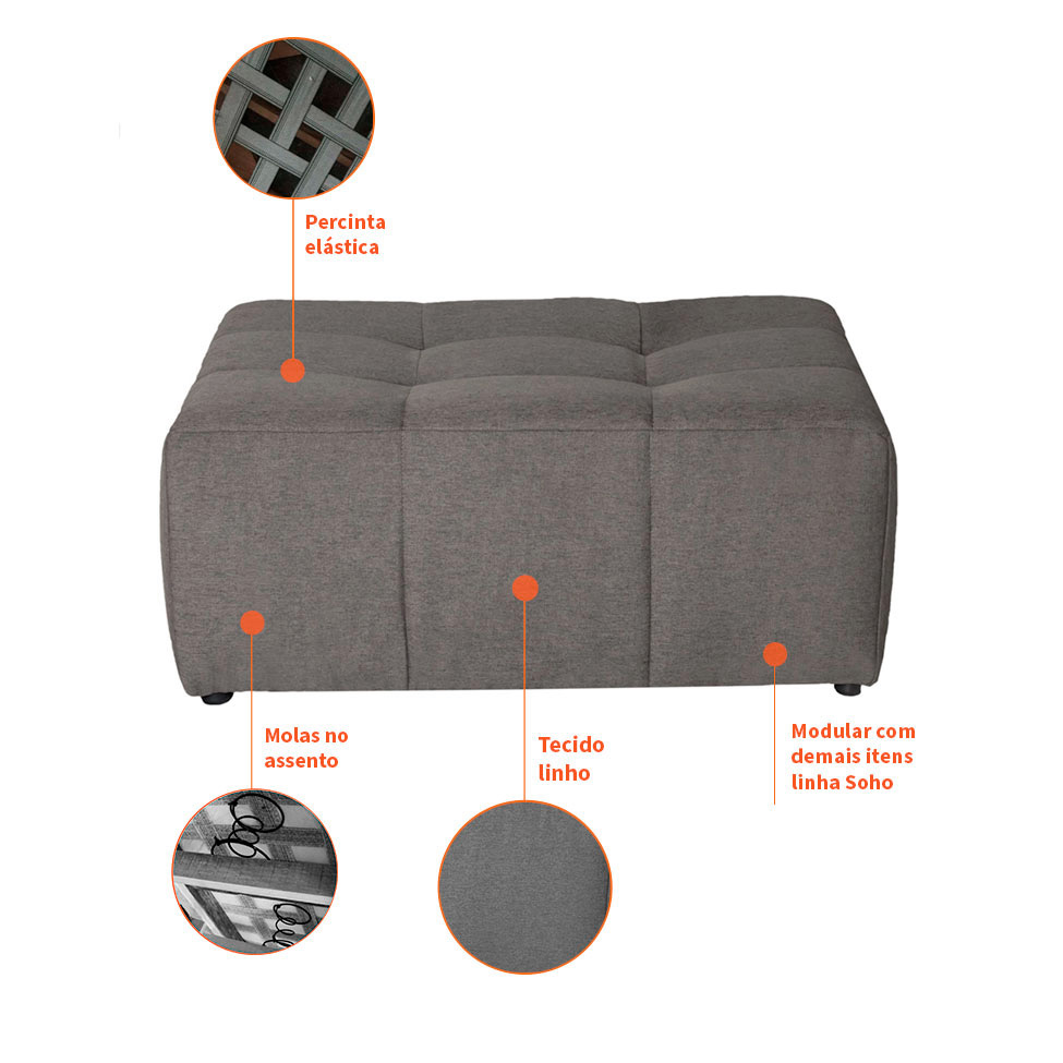 Sofá Modular 3 Lugares com Puff Soho Linho Grafite