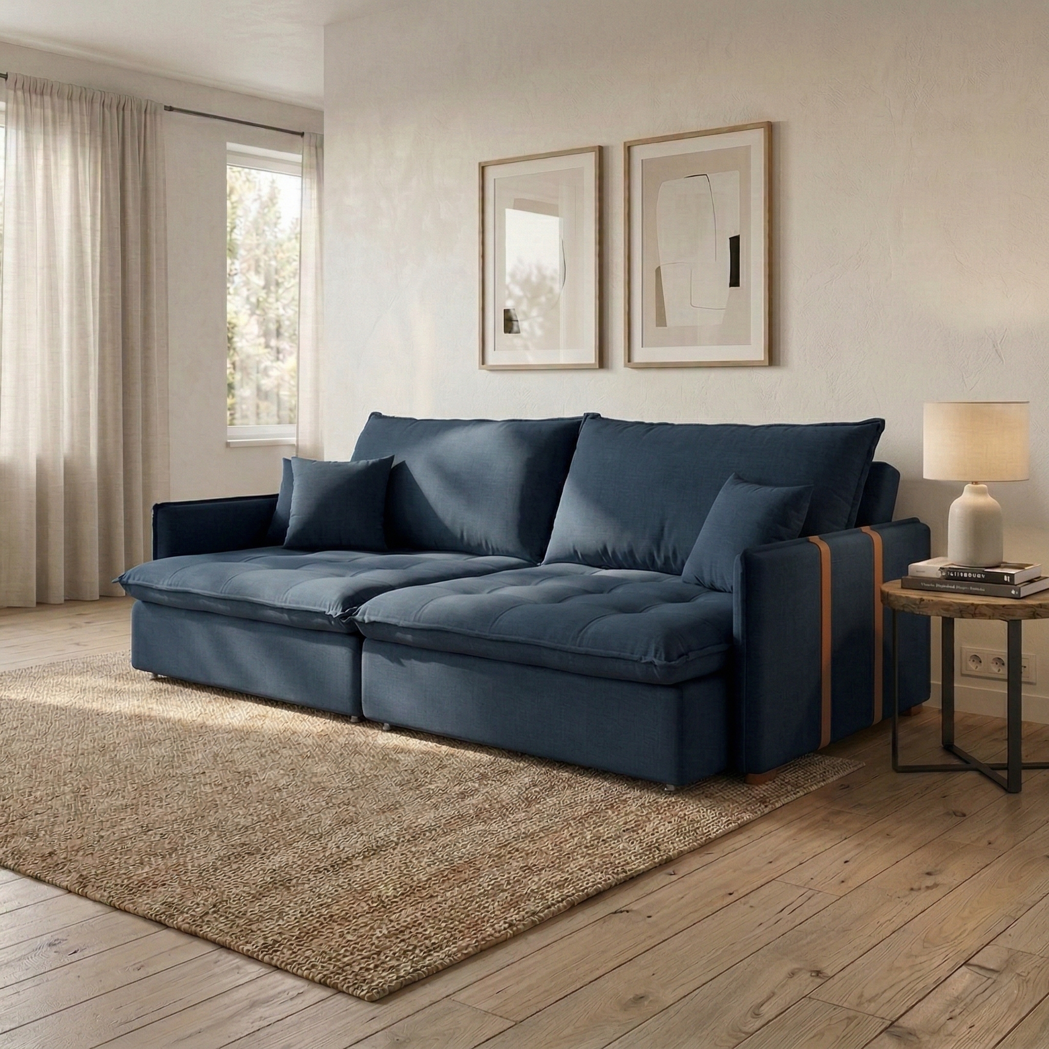 Sofá Retrátil Sem Caixa 3 Lugares Solomons Linho Azul Marinho 230 cm