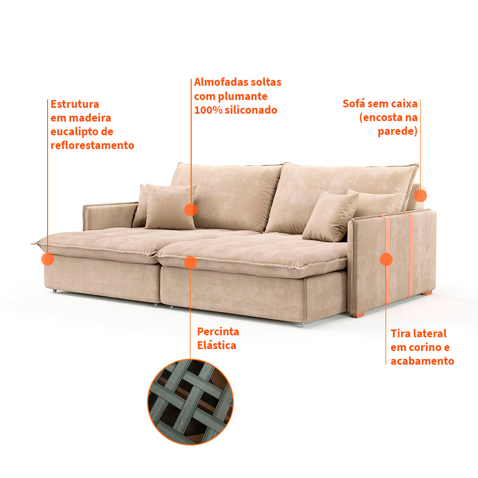Sofá Retrátil Sem Caixa 3 Lugares Solomons Velosuede Bege 230 cm