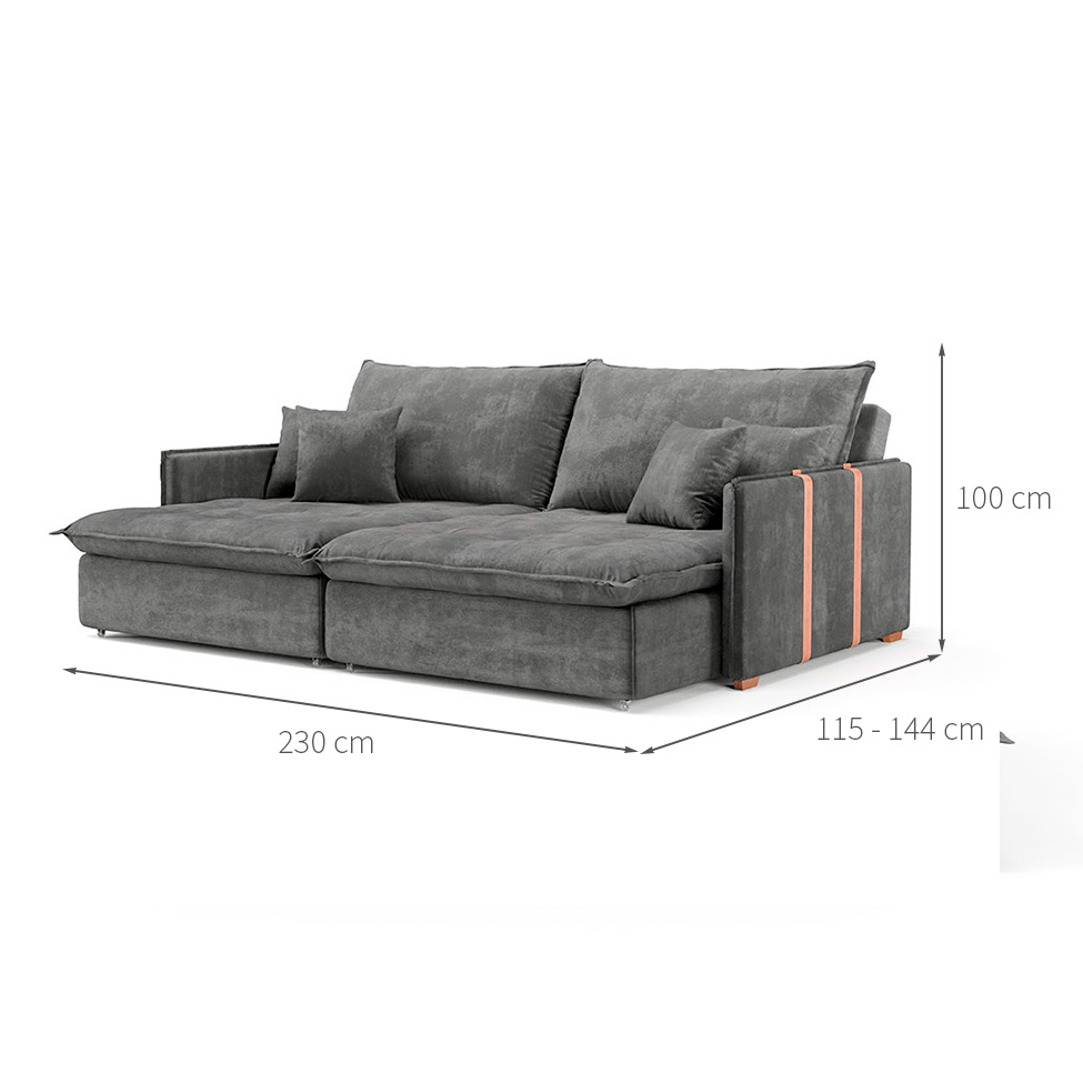 Sofá Retrátil Sem Caixa 3 Lugares Solomons Velosuede Grafite 230 cm