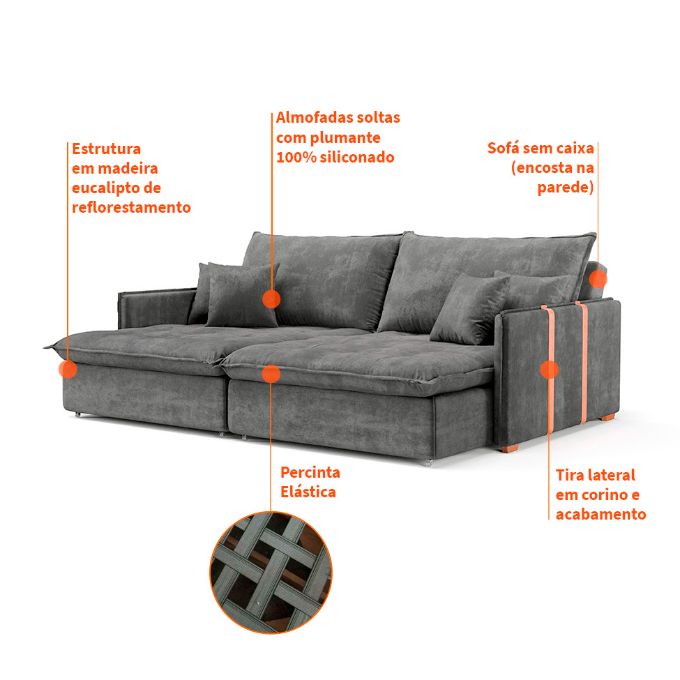 Sofá Retrátil Sem Caixa 3 Lugares Solomons Velosuede Grafite 230 cm