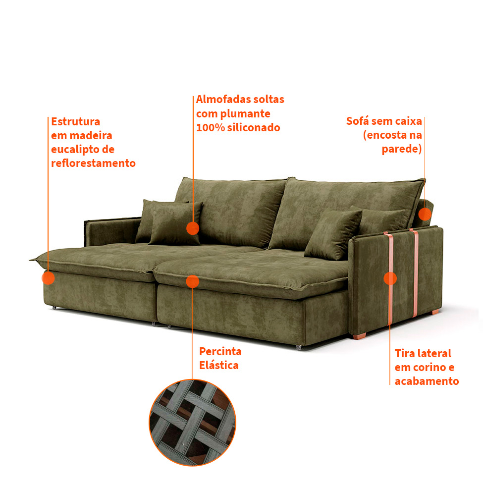Sofá Retrátil Sem Caixa 3 Lugares Solomons Velosuede Verde 230 cm