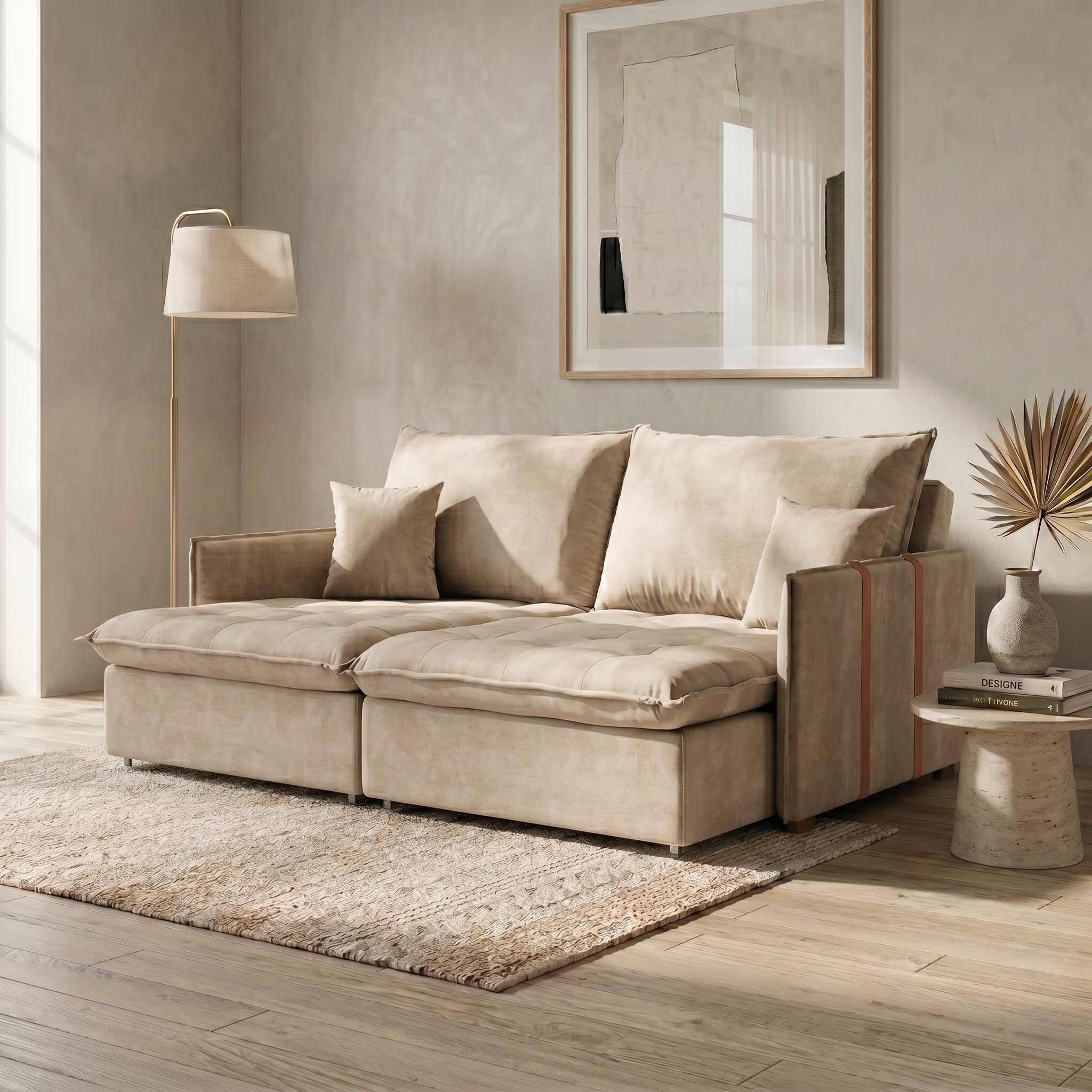 Sofá Retrátil Sem Caixa 3 lugares Solomons Velosuede Bege 180 cm