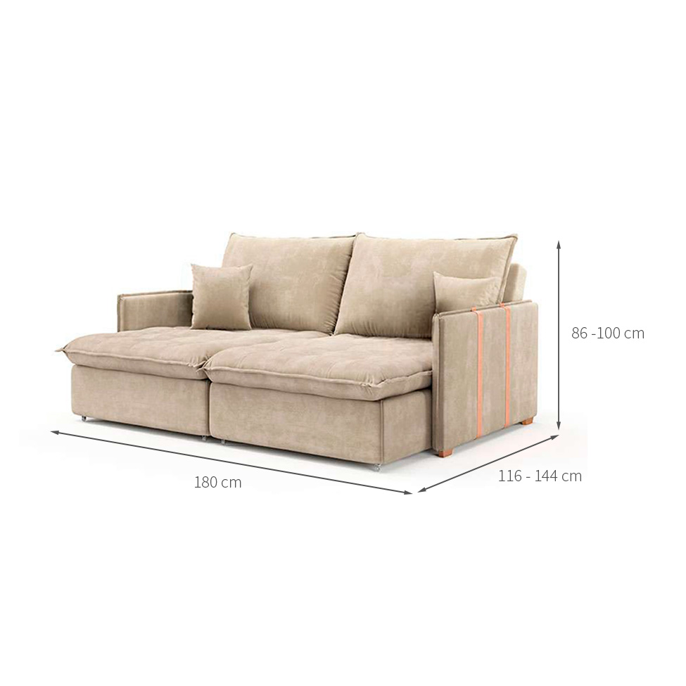 Sofá Retrátil Sem Caixa 3 lugares Solomons Velosuede Bege 180 cm