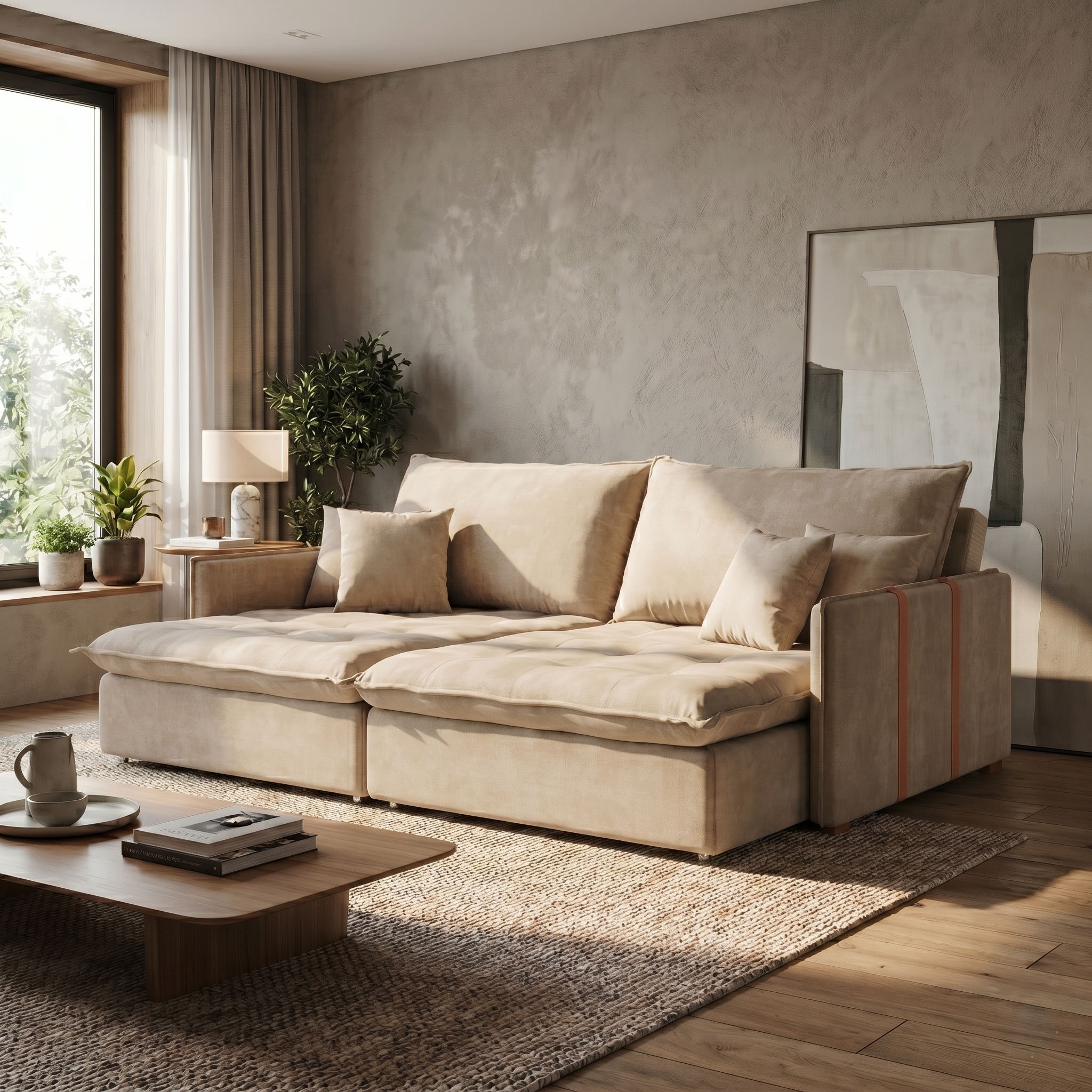 Sofá Retrátil Sem Caixa 3 lugares Solomons Velosuede Bege 214 cm