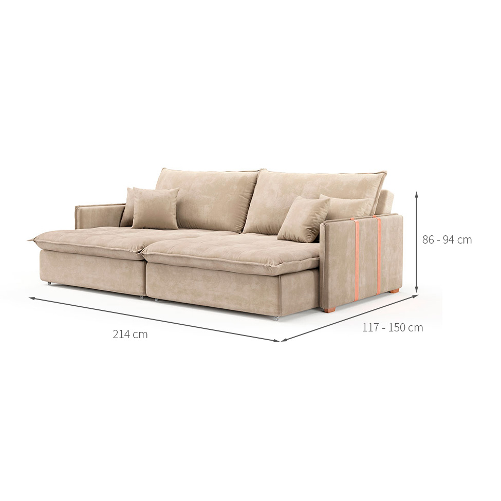 Sofá Retrátil Sem Caixa 3 lugares Solomons Velosuede Bege 214 cm