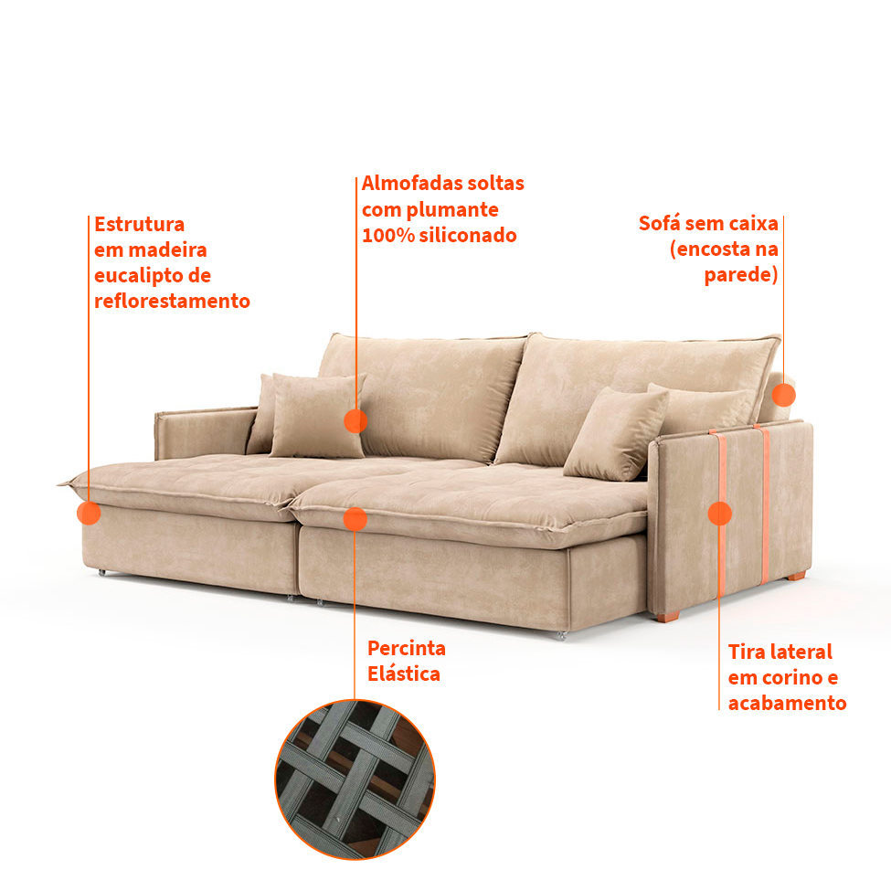 Sofá Retrátil Sem Caixa 3 lugares Solomons Velosuede Bege 214 cm