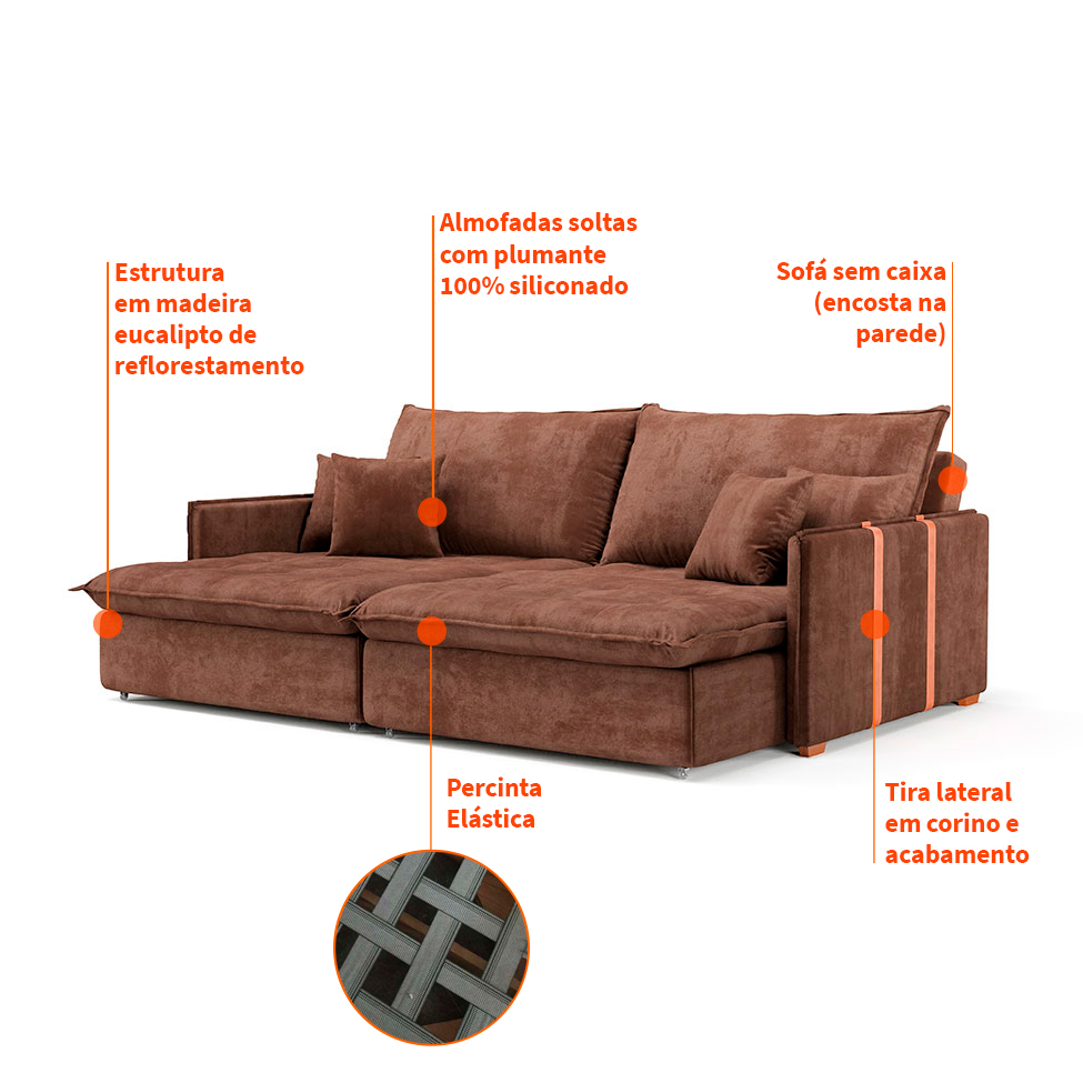 Sofá Retrátil Sem Caixa 3 lugares Solomons Velosuede Marrom 214 cm