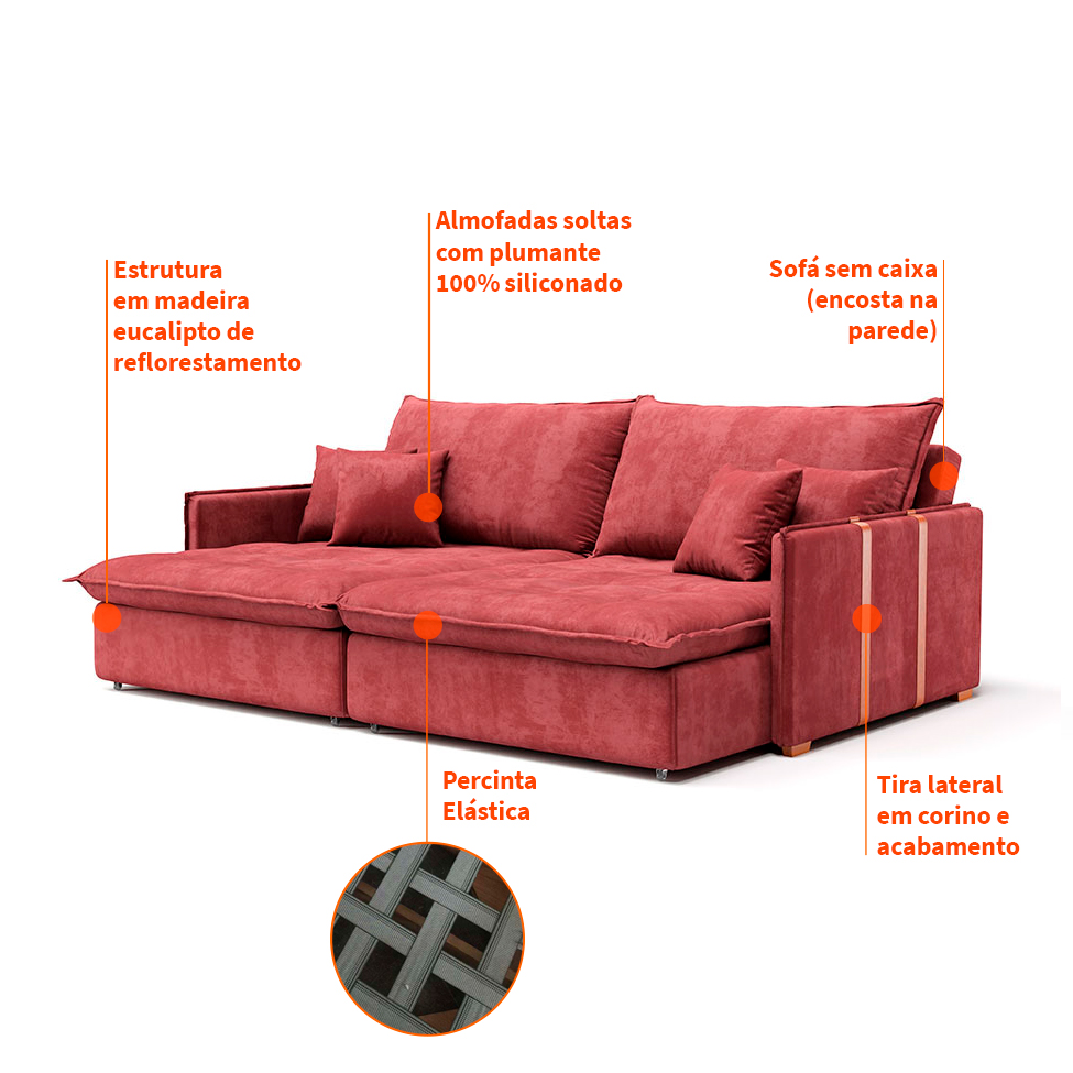 Sofá Retrátil Sem Caixa 3 lugares Solomons Velosuede Telha 214 cm