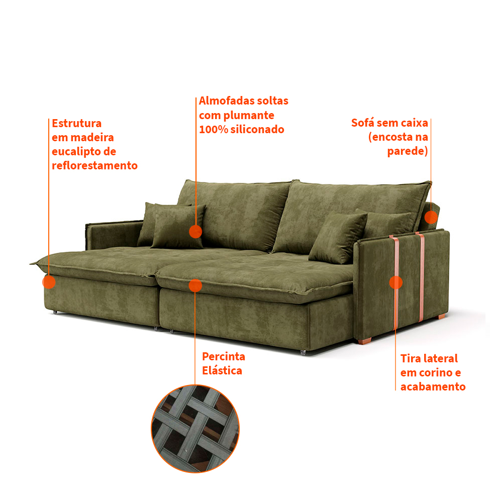 Sofá Retrátil Sem Caixa 3 lugares Solomons Velosuede Verde 214 cm