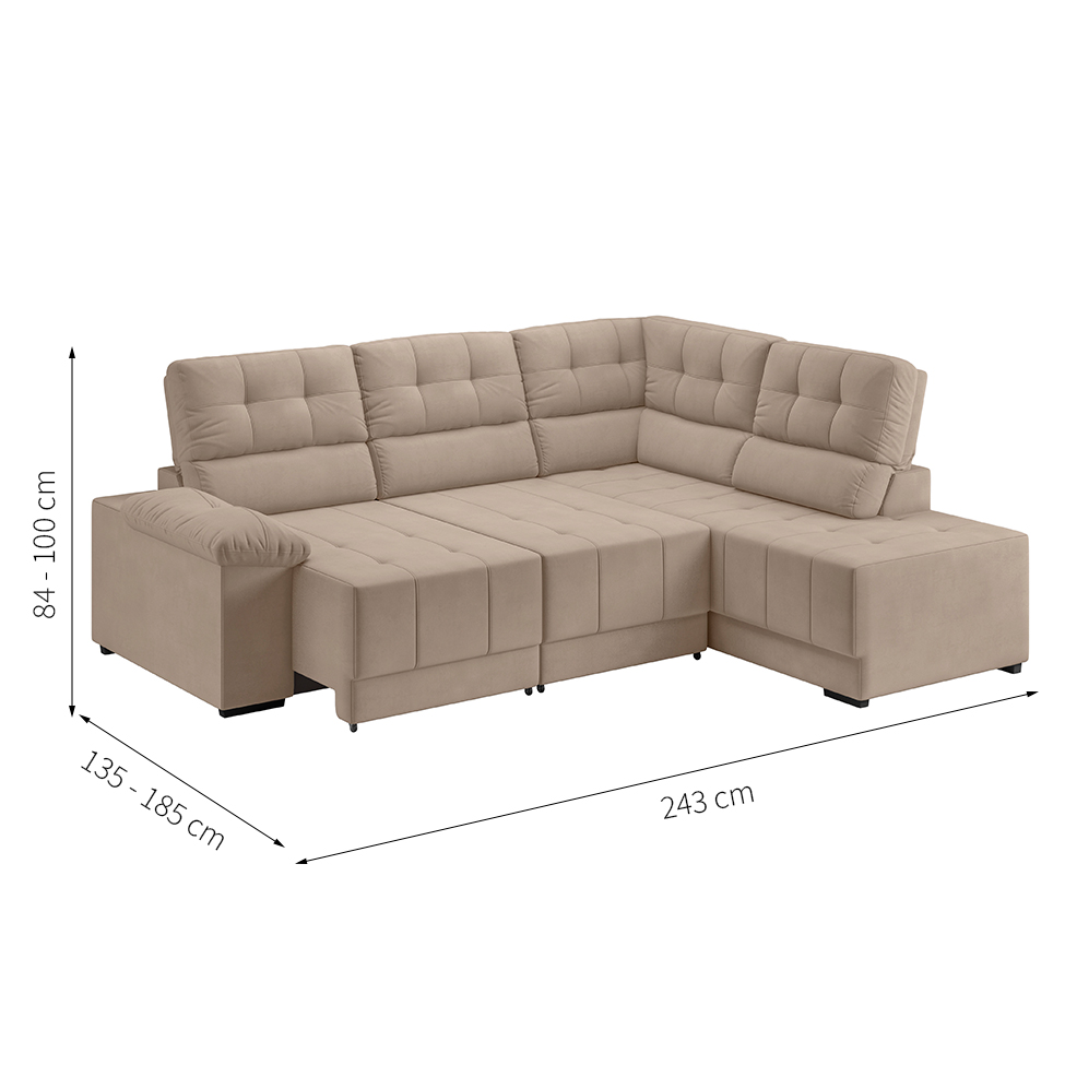 Sofá de Canto 3 Lugares Retrátil e Reclinável Firenze Suede Capuccino