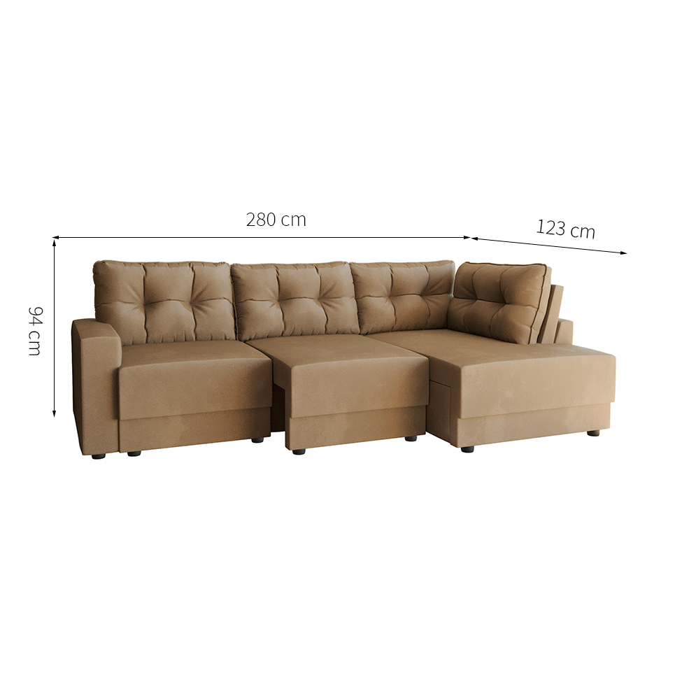 Sofá de Canto 5 Lugares Direito Retrátil Lubeck Suede Bege 280 cm