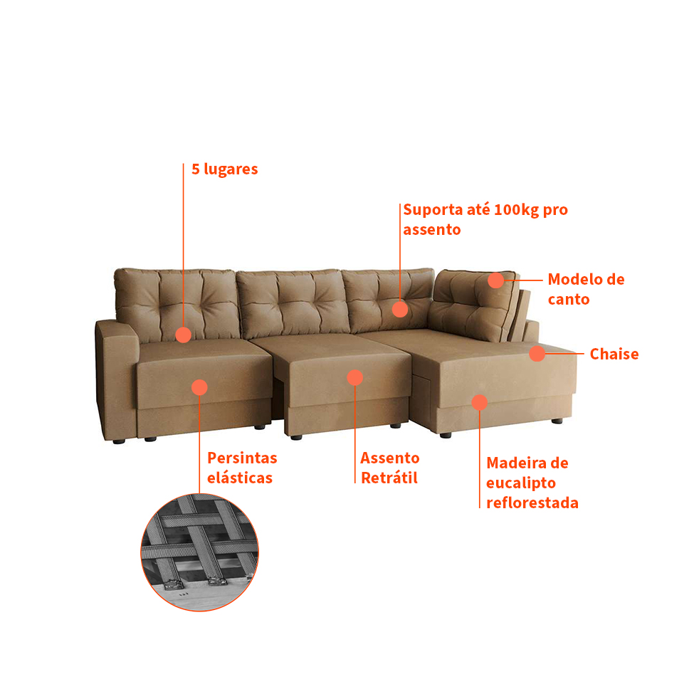 Sofá de Canto 5 Lugares Direito Retrátil Lubeck Suede Bege 280 cm