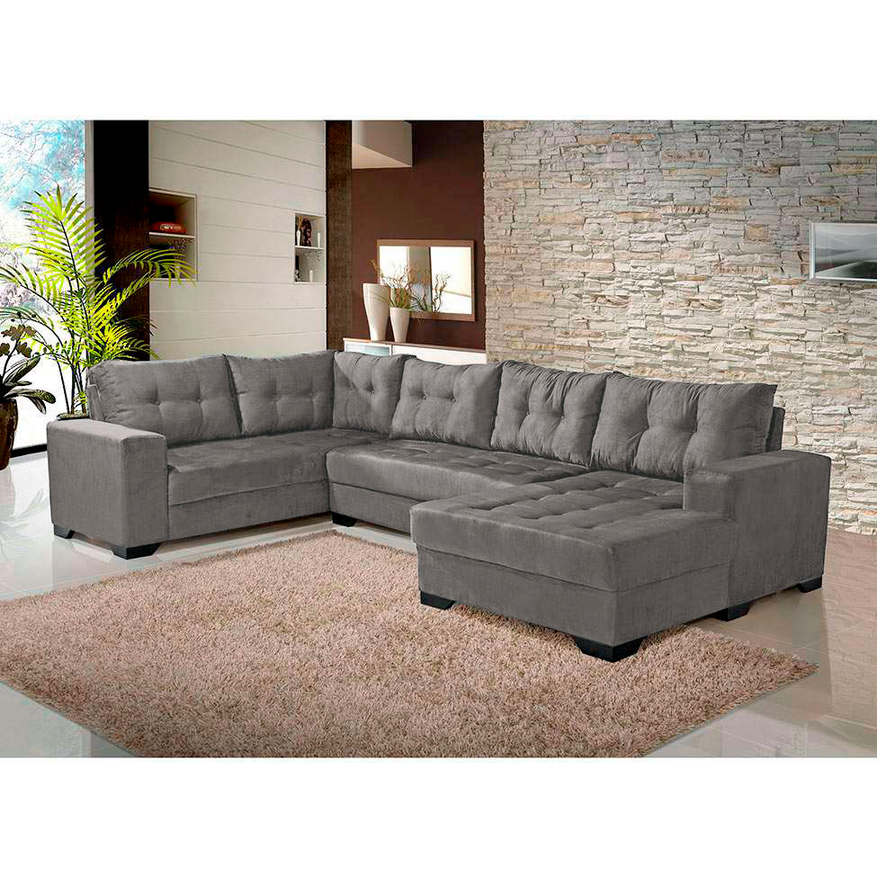 Sofá de Canto 6 Lugares com Chaise Direito Dijon Suede Animale Cinza