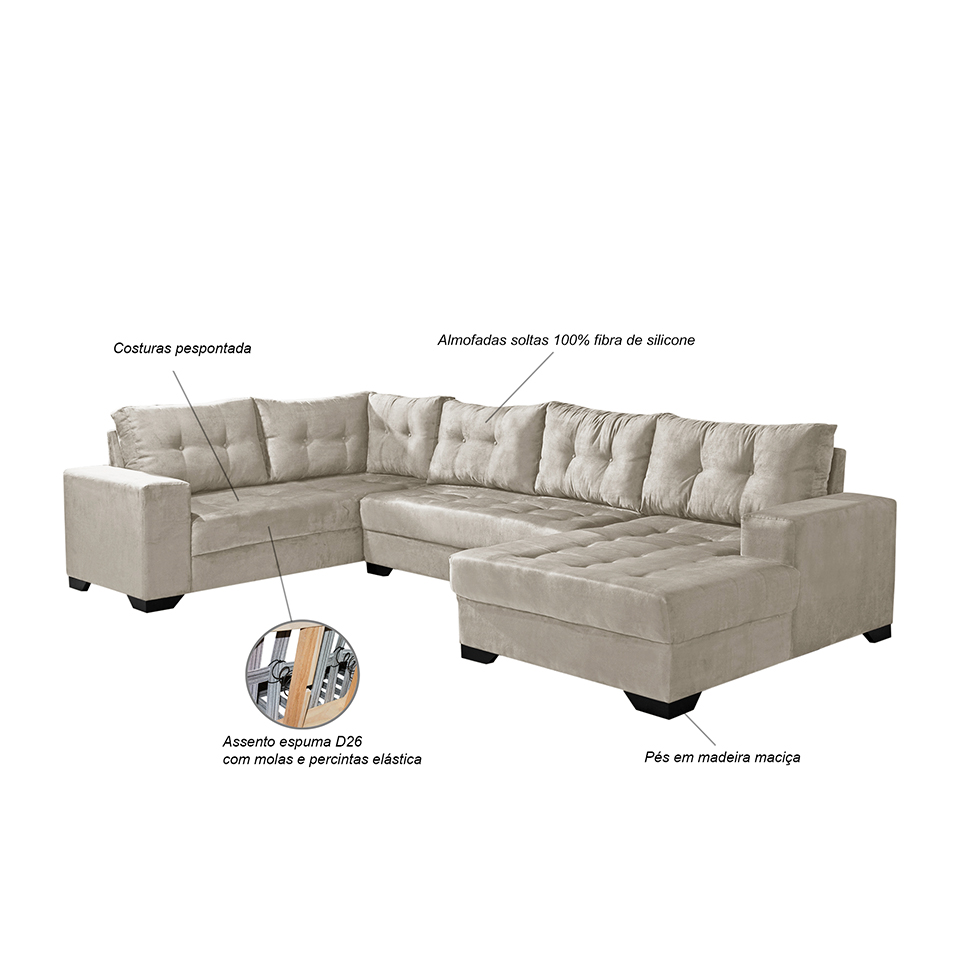 Sofá de Canto 6 Lugares com Chaise Direito Dijon Suede Areia