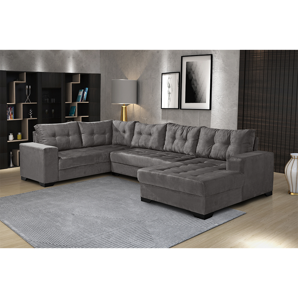 Sofá de Canto 6 Lugares com Chaise Direito Dijon Suede Cinza