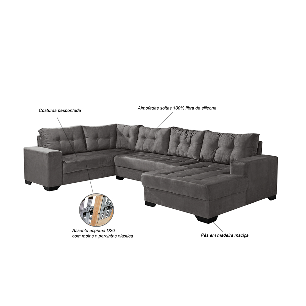 Sofá de Canto 6 Lugares com Chaise Direito Dijon Suede Cinza