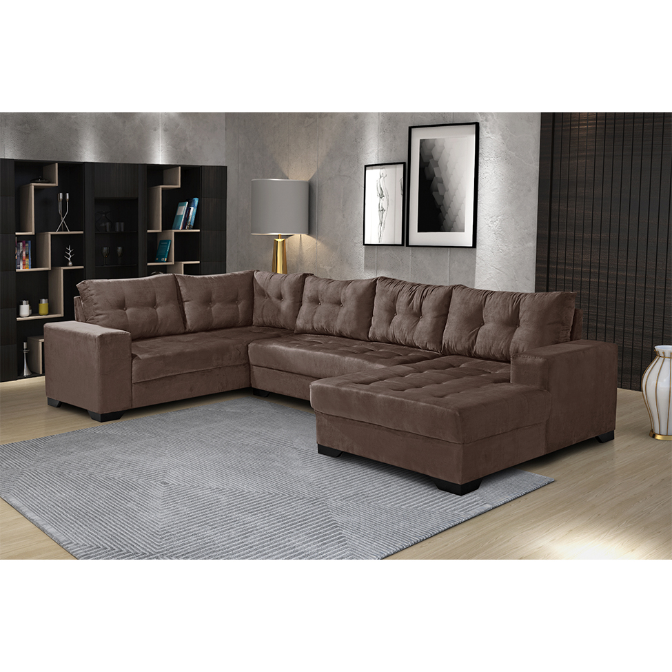 Sofá de Canto 6 Lugares com Chaise Direito Dijon Suede Marrom